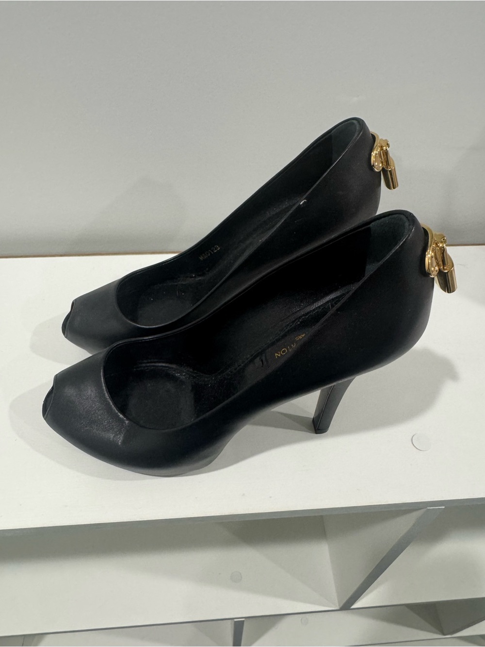 Louis Vuitton Black Peep-Toe Pumps with Gold Heel Charms